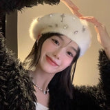 KYLETHOMASW  -  K-pop Girls Group  Rhinestone Rabbit Hair Beret Women's Autumn/Winter Plush White Knitted Beret Fashion FemaleTrendy Accessories