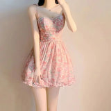 KYLETHOMASW  -  Sweet New Pink Sexy Dress Sweet Fresh Style Fragmented Flowers Print Waist Wrapped Slim Student Summer Short Lovely