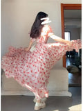KYLETHOMASW  -  Summer Niche French Pink Floral Off-shoulder Dress Atmosphere Sense Vacation Style Tea Break Long Skirt Princess Dress