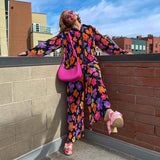 KYLETHOMASW  -  Y2K Graphic Print Long Sleeve Shirt Blouse + Wide Leg Pants Chic Women Two Piece Set Vintage Streetwear Boho Holiday Outfits