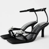 KYLETHOMASW  -  Shiny Rhinestone High Heels Women Summer New Open Toe Ankle Strap Thin Heels Dress Shoe Brand Design Rhinestone Sandals Femme