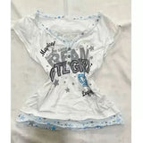 KYLETHOMASW  -  American Retro Sweet Printed T-shirt Women Summer Vintage Slim Patchwork Fake Two-piece Tops New Design Fashion Y2k Clothes