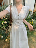 KYLETHOMASW  -  Summer French Style Dress for Women V Neck Short Sleeve Lace Trim Slim Fit Waist A Line Long Dress Elegant Flattering Design