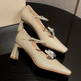 KYLETHOMASW  -  Elegant Bow Decoration Chunky Heel Pumps Women Luxury Rhinestone Ankle Strap Square Toe High Heels Fashion Wedding Bride Shoes