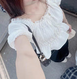 KYLETHOMASW  -  French Style Retro White Short Puff Sleeve Shirt Women Ruched Elastic Slim Waist Summer Crop Tops