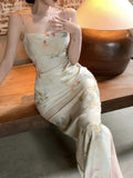 KYLETHOMASW  -  French Elegant Print Dress for Women Sleeveless Vintage Split Dresses Fashion Slim Sling Sweet New Summer Dress Korean
