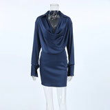 KYLETHOMASW  -  Office Siren Satin Dress for Women's Autumn Elegant Blue Swing Collar Long-sleeved Slim Fit Short Dress Female Clothes