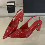 KYLETHOMASW  -  High Quality Patent Leather Buckle Strap Pumps Women Slingback Pointed Toe Square Heels Wedding Party Shoes