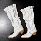 KYLETHOMASW  -  Vintage Pleated Belt Buckle Faux Suede Women Knee High Boots Autumn Winter Fashion High heels Western Cowboy Knight Boots Shoes