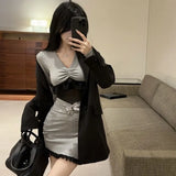 KYLETHOMASW  -  Mini Dresses Women Fashion Slim Ruched Hollow Lace Patchwork Bow Hollow Out Mesh V Neck Long Sleeve Sexy Dress Female