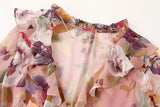 KYLETHOMASW  -  Ruffles V neck Floral Print Chiffon Full Sleeve Dress Woman Ball Tassel Lacing up Bow Waist Mini Summer Dresses Femme Robe