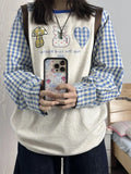 KYLETHOMASW  -  Cartoon Appliques Sweet Preppy Patchwork O Neck Long Sleeve Loose Striped Women's T-shirts