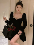 KYLETHOMASW  -  French Vintage Velvet Evening Robe for Women Autumn Diamonds Long Sleeve High Waist Mini Dresses Birthday Party Prom Clothing