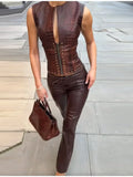 KYLETHOMASW  -  Women's Chic Brown Crocodile Embossed Corset Top Sleeveless Keyhole Zip Studded Faux Leather Vest Streetwear Party Outfits