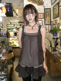 KYLETHOMASW  -  Japanese Kawaii Y2K Two-Piece Outfit Strap Dress Mesh Layered Cami Ruffle Hem Vintage Harajuku Subculture Casual Minidress Set