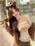 KYLETHOMASW  -   Kawaii Casual 2 Piece Sets Women Y2k Crop Top Corset Vest + Cardigan Coats 2000s American Y2k Vintage Suits Chic Outfis Autumn
