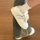 KYLETHOMASW  -  Women White Canvas Sneakers Glitter Stripe Star Print Lace‑up Skate Shoes Casual Platform Low‑top Daily Walking Sports Footwear