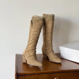 KYLETHOMASW  -  Autumn Winter Fashion Pleated Design Women Knee-High Boots Vintage Faux Suede Lace High heels Western Cowboy Long Booties Shoes