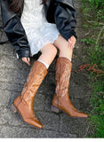 KYLETHOMASW  -  Autumn Winter Vintage Women Western Cowboy Boots Fashion Slip On Thick Heel Shoes Embroidery Knight Botas