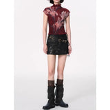 KYLETHOMASW  -  Y2K Exposed Navel Short Top Women Summer Half High Neck Lily Flower Print Short Sleeved Pleated Tight Fitting T Shirt