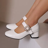 KYLETHOMASW  -  Plus Size 48 Women Patent Leather Mary Jane Shoes Sparkly Crystal Rhinestone Burgundy White Block Heel Pumps Party Shoe