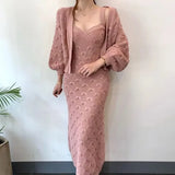 KYLETHOMASW  -  Sweet Hot Girl Suit Women's Autumn and Winter Single-breasted Lantern Sleeve Knitted Cardigan Slim Strap Dress Two-piece Set