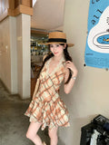 KYLETHOMASW  -  Sexy Halter Neck Lace Dress Women's Summer French Slim Fit Plaid A-line Short Dress Fashion Female Clothes