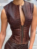 KYLETHOMASW  -  Women's Chic Brown Crocodile Embossed Corset Top Sleeveless Keyhole Zip Studded Faux Leather Vest Streetwear Party Outfits
