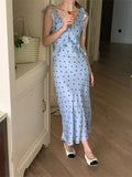 KYLETHOMASW  -  S-M Korea Summer Holiday Long Printed Dress Women  OL Ruffles V-Neck Slim Sleeveless Chic Party New Sexy Gentle