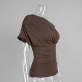 KYLETHOMASW  -  summer new style sloping shoulder off-shoulder T-shirt asymmetric pleated pure color short sleeve