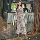 KYLETHOMASW  -  Retro Printed V-neck Kink Dress for Women in Spring and Autumn Slim Temperament Seaside Vacation Atmosphere