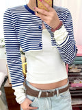 KYLETHOMASW  -  Autumn Fake Two Pieces Tshirts Stripe Patchwork Y2k Aesthetic Single Breasted T-shirt Women Grunge Slim Fit Harajuku Tees