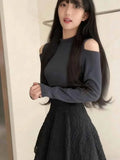 KYLETHOMASW  -  Japanese Elegant Fashion Knit Long Sleeve Dress Women Slim Irregular Design Long Dress Harajuku Sweet Off-Shoulder Chic Outfits