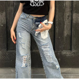 KYLETHOMASW  -  Y2k Bow Lace Ripped Holes Woman's Denim Pants Baggy Wide Leg Jeans Dragging Hollow Out Fashion Chic Casual High Street Pants