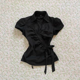KYLETHOMASW  -  New High Street Temperament Turn Down Collar T Shirts American Vintage Lrregular Lace Up Punk Women Clothes Y2k Thin Blouse