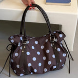 KYLETHOMASW  -  Women Polka Dot Nylon Tote Bag Pu Leather Handle Large Capacity Soft Shoulder Bag Casual Daily Crossbody Handbag Purse