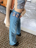 KYLETHOMASW  -  Cutout Butterfly Embroidered Jeans Woman Vintage High Waist Baggy Straight Denim Pants Fashion Street Sexy Denim Trouser