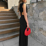 KYLETHOMASW  -  Fashion Irregular Solid Color Dress Temperament High Waist Mesh Hollow Out Dress Sexy Sleeveless Pleated Wrap Hips Evening Dress