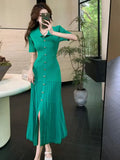 KYLETHOMASW  - Women Black Beige Temperament Split Knit Dress Summer Vintage Single Breasted Robe 2024 Green Office Lady New Elegant Long Dress