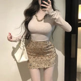 Kylethomasw Spring New Korean V-neck Patchwork Casual Knitted Long-sleeved T-shirt Women + Sexy Slim Sequins Mini Skirt Two-piece Suit