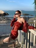 Kylethomasw Vintage Floral Print Sexy Mini Dress Patchwork Transparent Mesh Sheath Strapless Dress Red Party Club Birthday Dress New