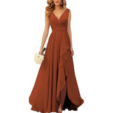 KYLETHOMASW  -  Casual Women V Neck Bridesmaid Dresses 2024 New Fashion Slit Long Ruffle Formal Evening  Dress Wedding Party Gowns Chiffon Dress