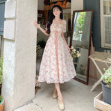 KIylethomasw Korean Fashion Summer Chiffon Lace Fairy Dress Retro Square Neck Crushed Flowers Princess Sleeve High Waist Sweet Dress