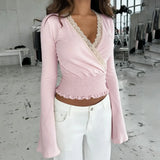 KYLETHOMASW  -  Y2k Summer V Neck Long Sleeve Solid Lace Patchwork Streetwear Slight Strech Women Clothing