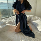 KYLETHOMASW  -  White Blue Ruffles Summer Nightgown Elegant Long Sleepwear Sweet Cotton Home Clothes Cardigans Lace Up Puff Sleeve L611