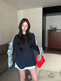 KYLTHOMASW  -  Sporty Chic Striped Oversized T-shirt with Bow Black Long Sleeve Tee Shirt Women Korean Fashion Kpop Lace Patchwork Tops