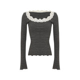 KYLETHOMASW  -  Korean Style Lace Splice Striped Long Sleeve Women's T-shirt Slimming Base Layer Shirt Beautiful Top for Autumn New Arrival