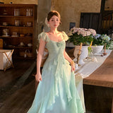 KYLETHOMASW  -  French Vintage Summer Green Elegant Sexy Evening Party Long Dress Women Sleeveless Backless Vacation Ruffles Slip Fairy Dress