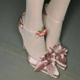 KYLETHOMASW  -  Sweet Blush Pink Satin Pointed-Toe High Heels Ankle Strap Heels Floral Detail Adjustable Buckle Strap Stiletto Heel for Weddings