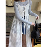 KYLTHOMASW  -   Women Summer Hollow Out Lace Up Long Lace Dress French Vintage Y2k Dress Korean Retro Fashion Clothing Beach Style
